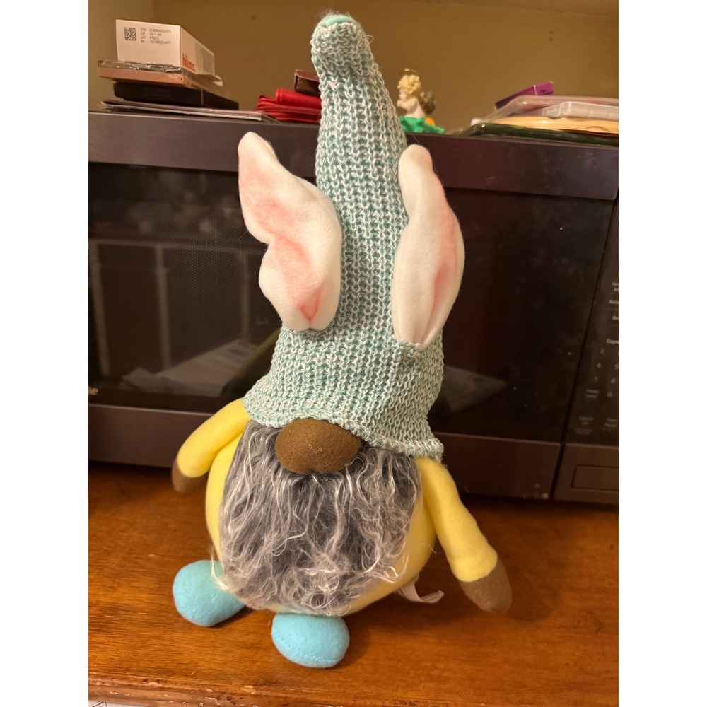 Easter Bunny Gnome Plush Teal Knit Hat Yellow Body Spring Decor Tomte